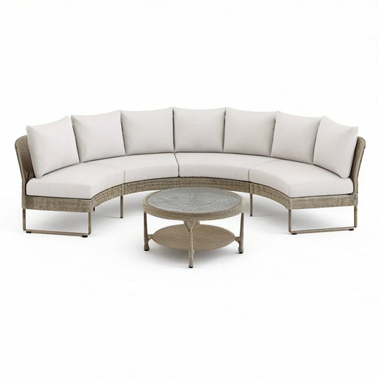 Oblouková sedací souprava se stolkem 300 × 85 × 82 cm, béžová a přírodní hnědošedá
